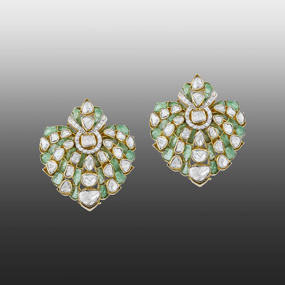 Polki Earrings with Green Gemstone Talaf and Fan Design
